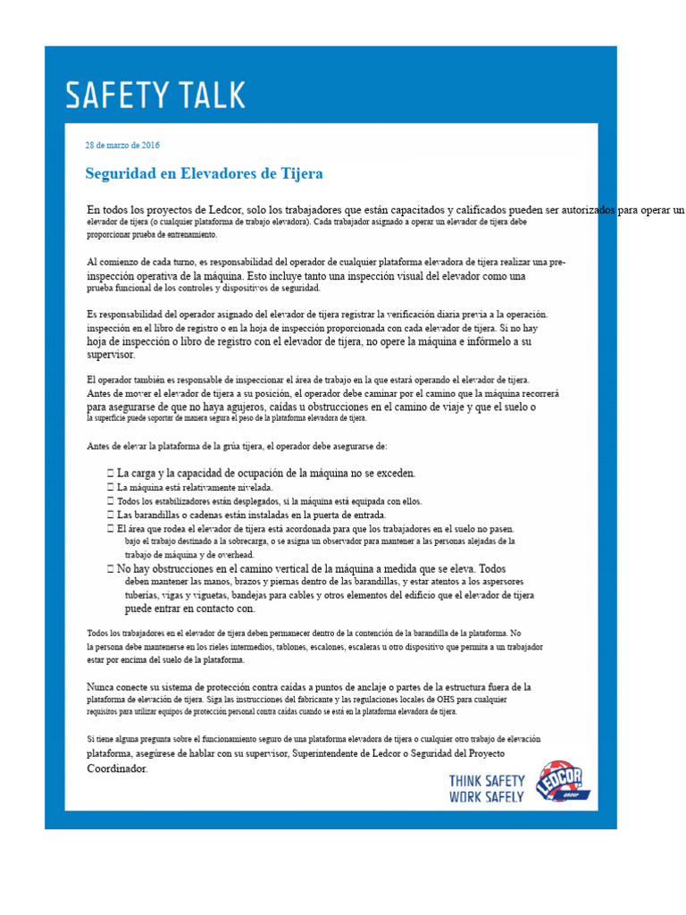 Seguridad en Plataformas Elevadoras de Tijera | PDF