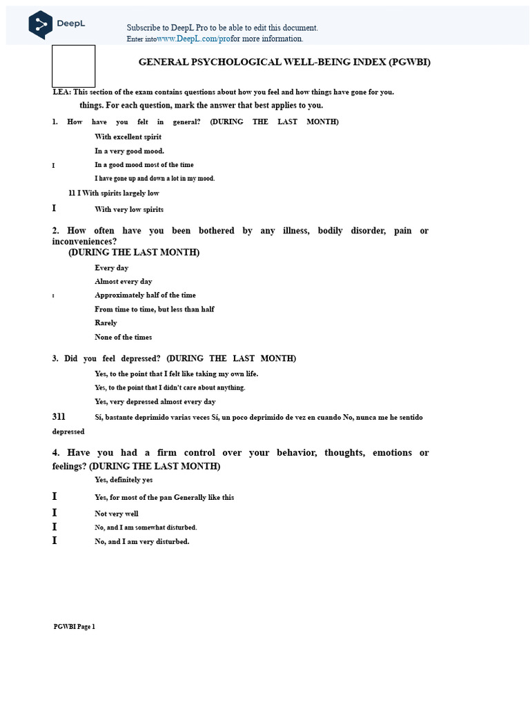 PGWBI Questionnaire Overview | PDF | Psychology | Psychological Concepts
