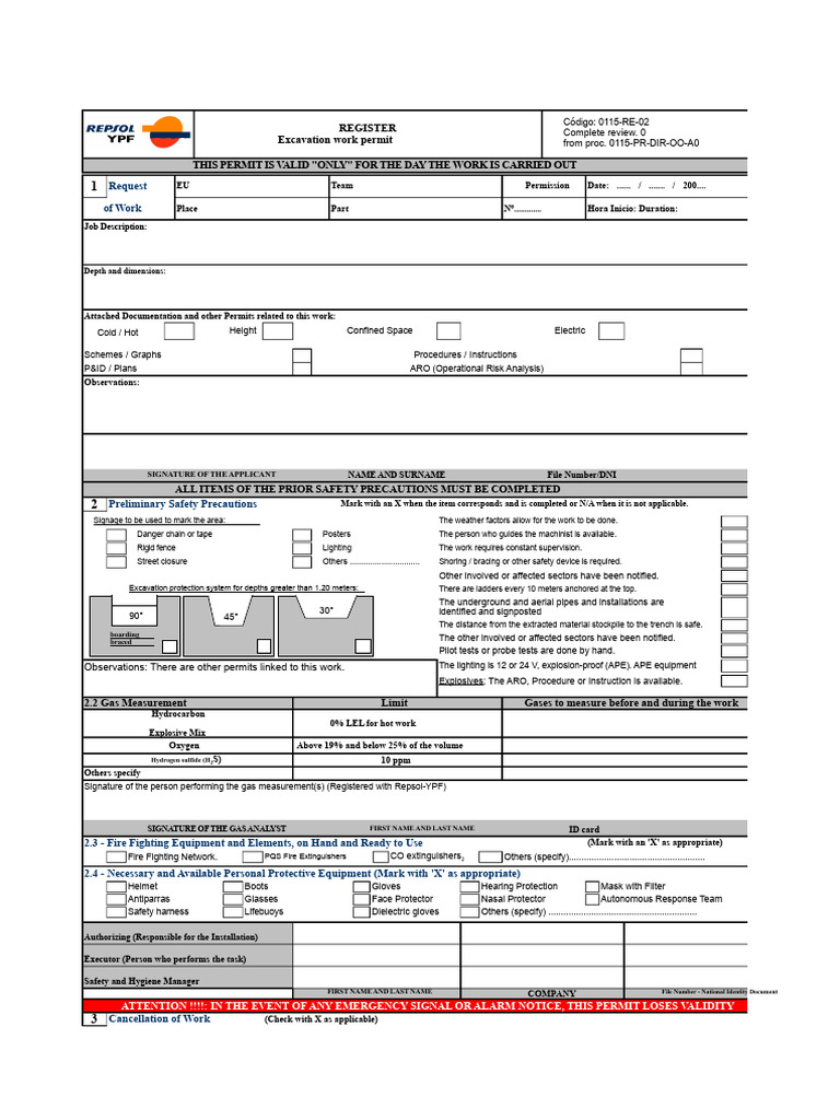 REGISTRATION Excavation Work Permit - REPSOL | PDF | Firefighting | Safety