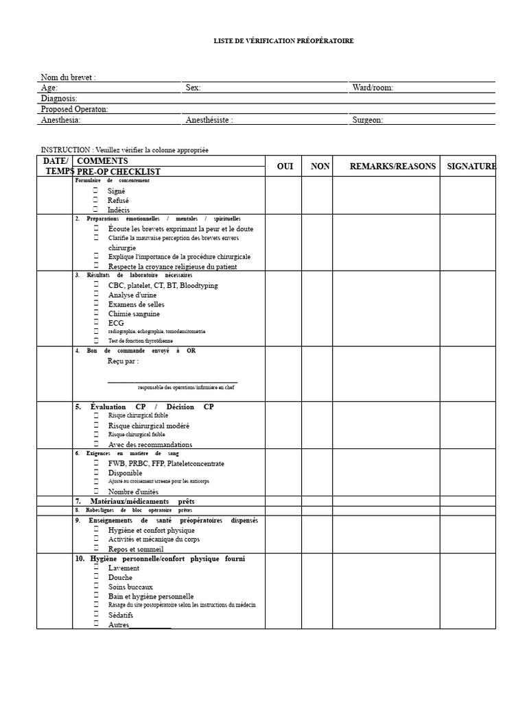 Liste de Vérification Préopératoire | PDF | Allaitement | Spécialités ...