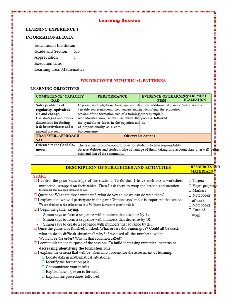 Numerical Patterns in Mathematics Lesson | PDF | Learning | Cognitive ...