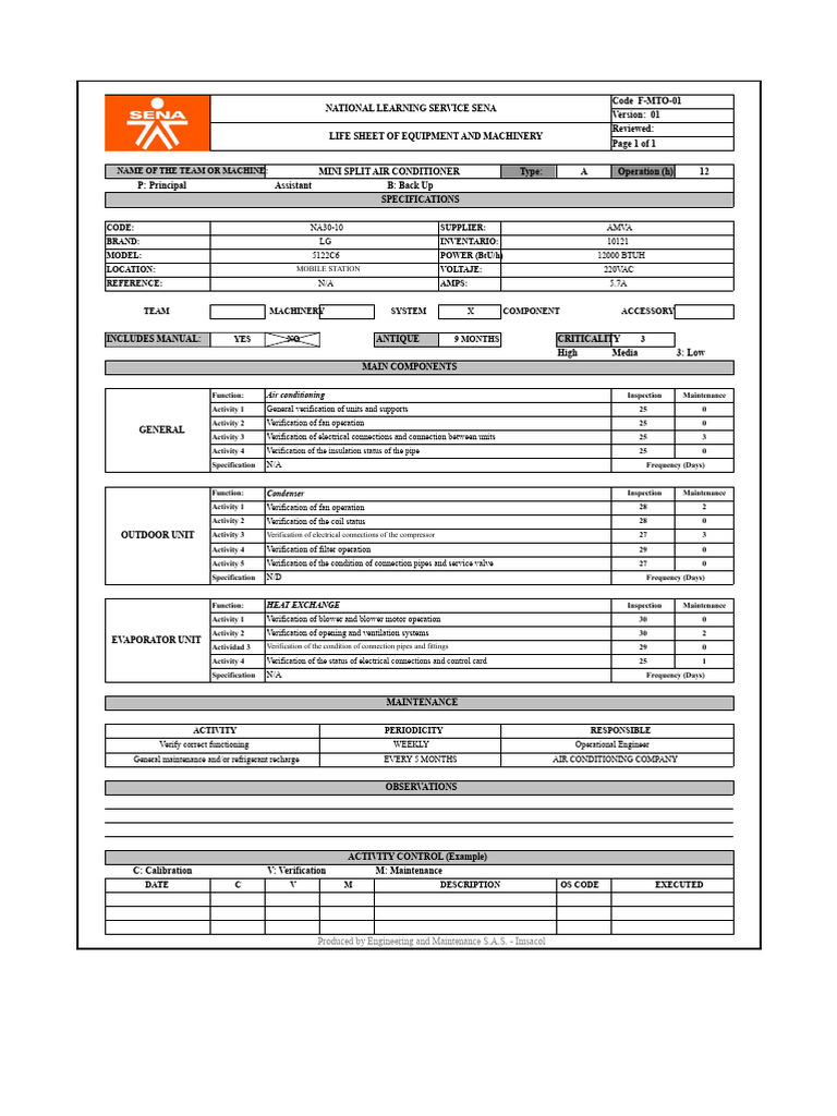 Air Conditioning Maintenance Sheet Format.-Tes-001 | PDF | Air ...