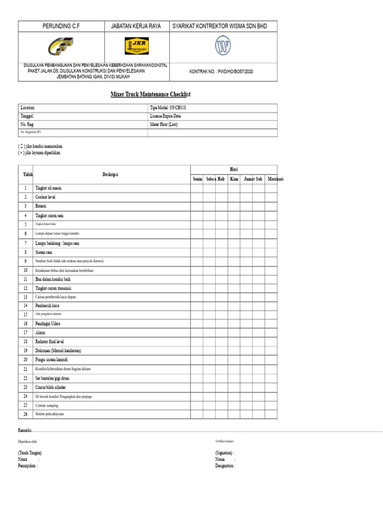 Checklist Pemeliharaan Mixer Truck | PDF