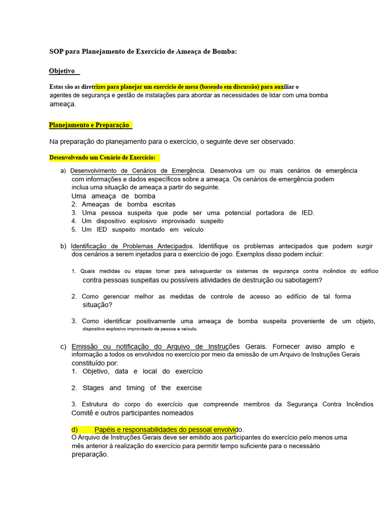 Planejamento de Exercício de Ameaça de Bomba | PDF | Planejamento ...
