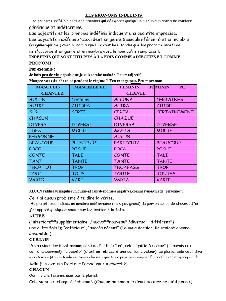 Comprendre les pronoms indéfinis | PDF | Genre grammatical | Nombre ...