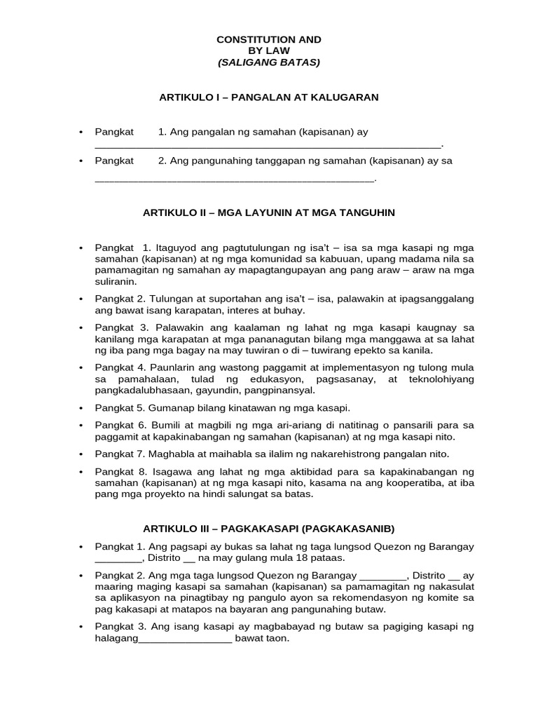 Pro Forma Constitution by Laws Tagalog JAM | PDF