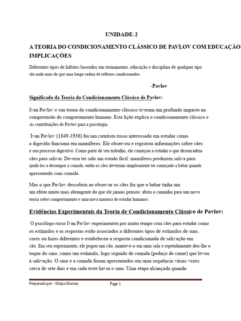 Teoria de Pavlov | PDF | Condicionamento clássico | Aprendizado