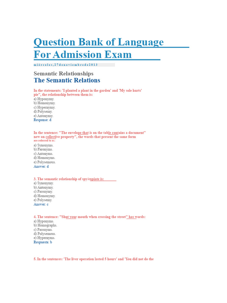 Question Bank For Language For Admission Exam | PDF | Lexical Semantics ...