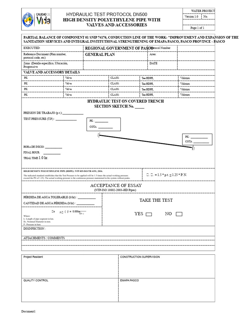 HDPE Pipe Protocol With Valves and Accessories, DN500 | PDF | Pipe ...