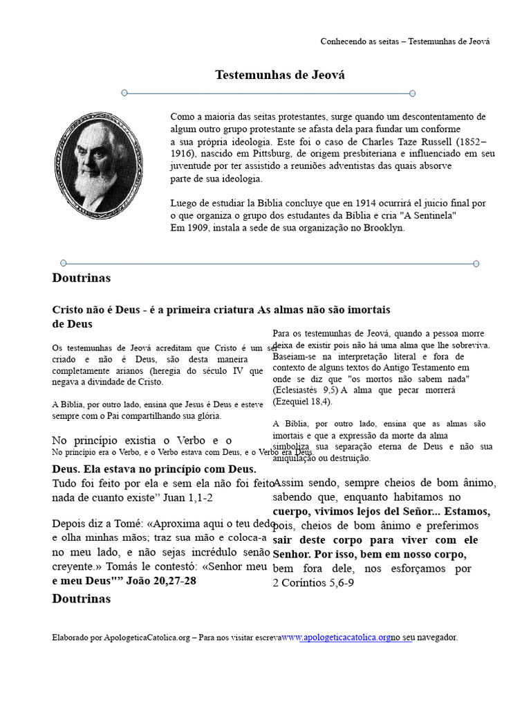 Doutrinas das Testemunhas de Jeová | PDF | Imortalidade | Jesus