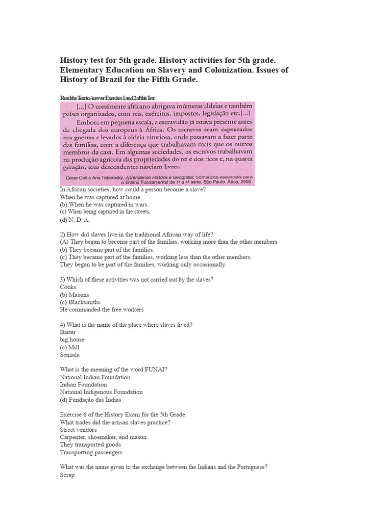 History Test For 5th Grade 2012 | PDF