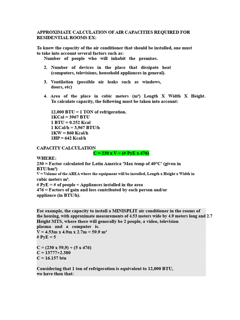 Air Conditioner Capacity Calculation Guide | PDF