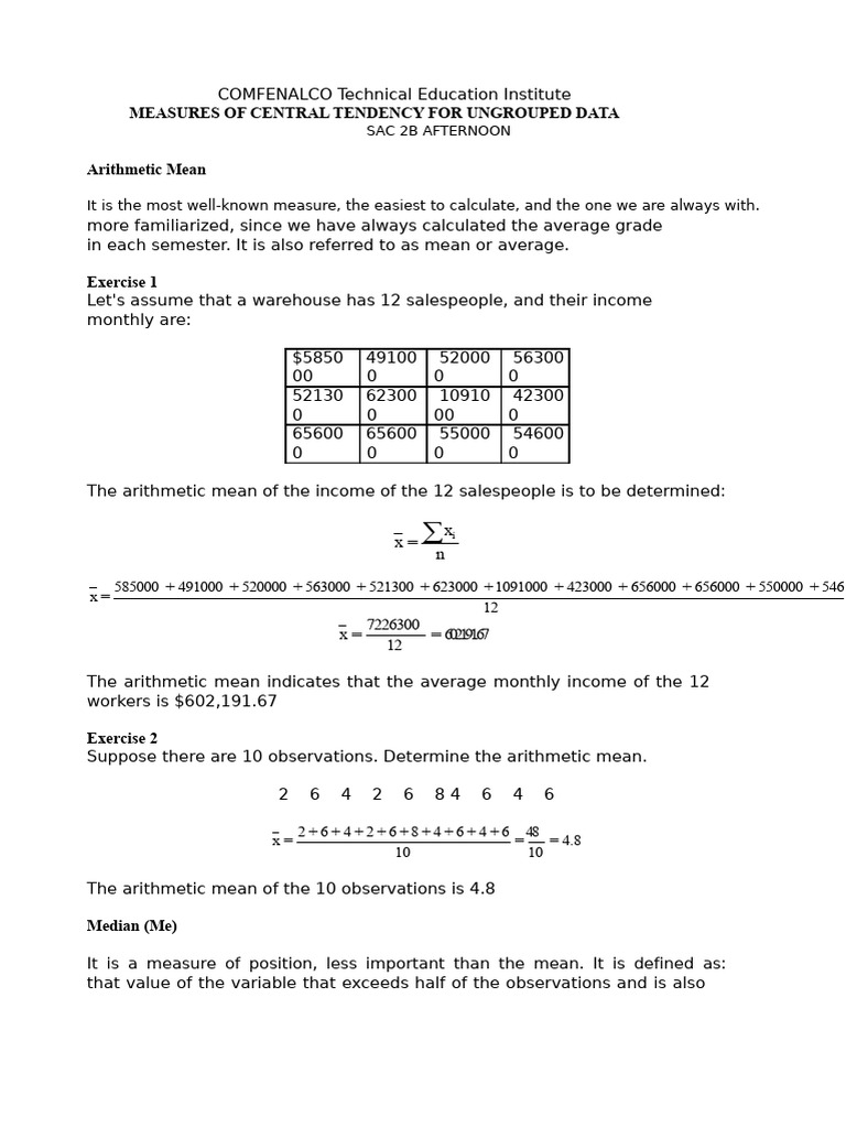 Measures of Central Tendency Theory Examples and Exercises | PDF | Mean ...
