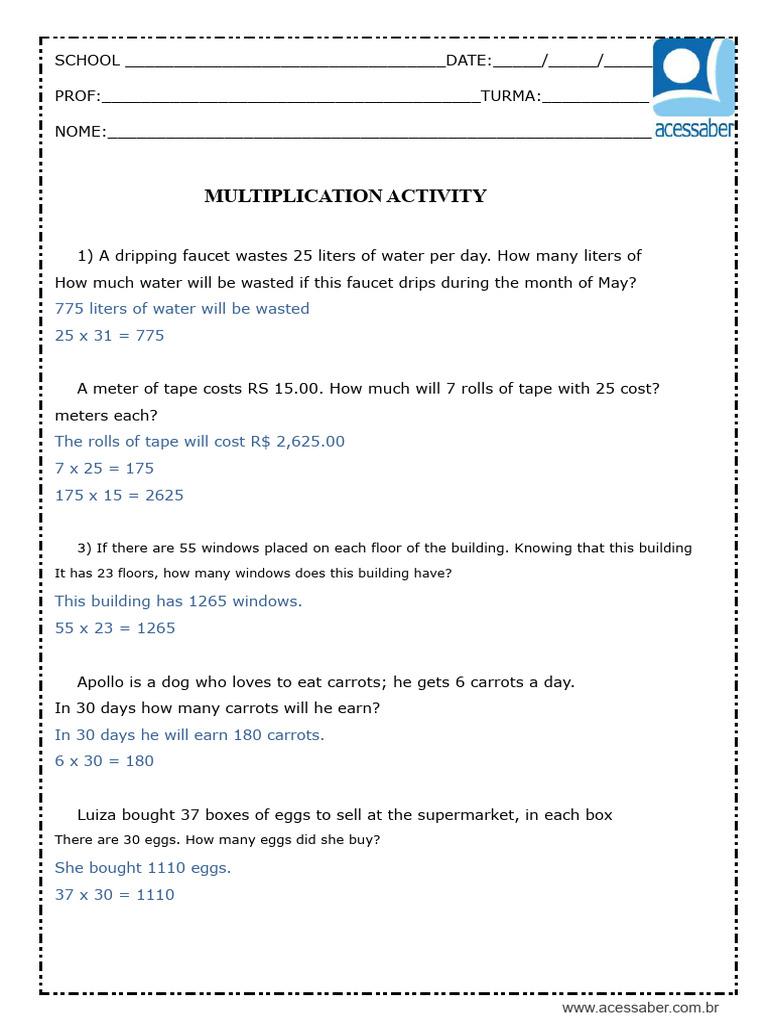 math-activity-multiplication-5th-grade-answers | PDF