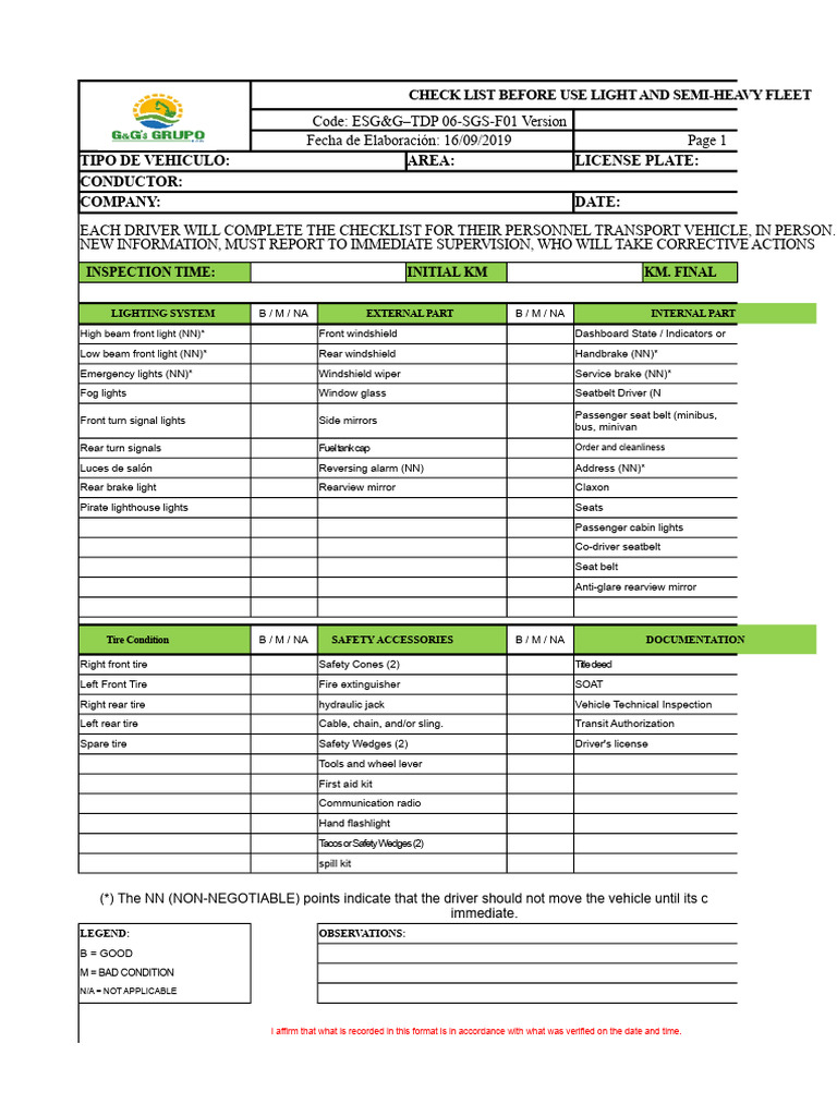 Vehicle Pre-Use Inspection Checklist | PDF | Truck | Loader (Equipment)