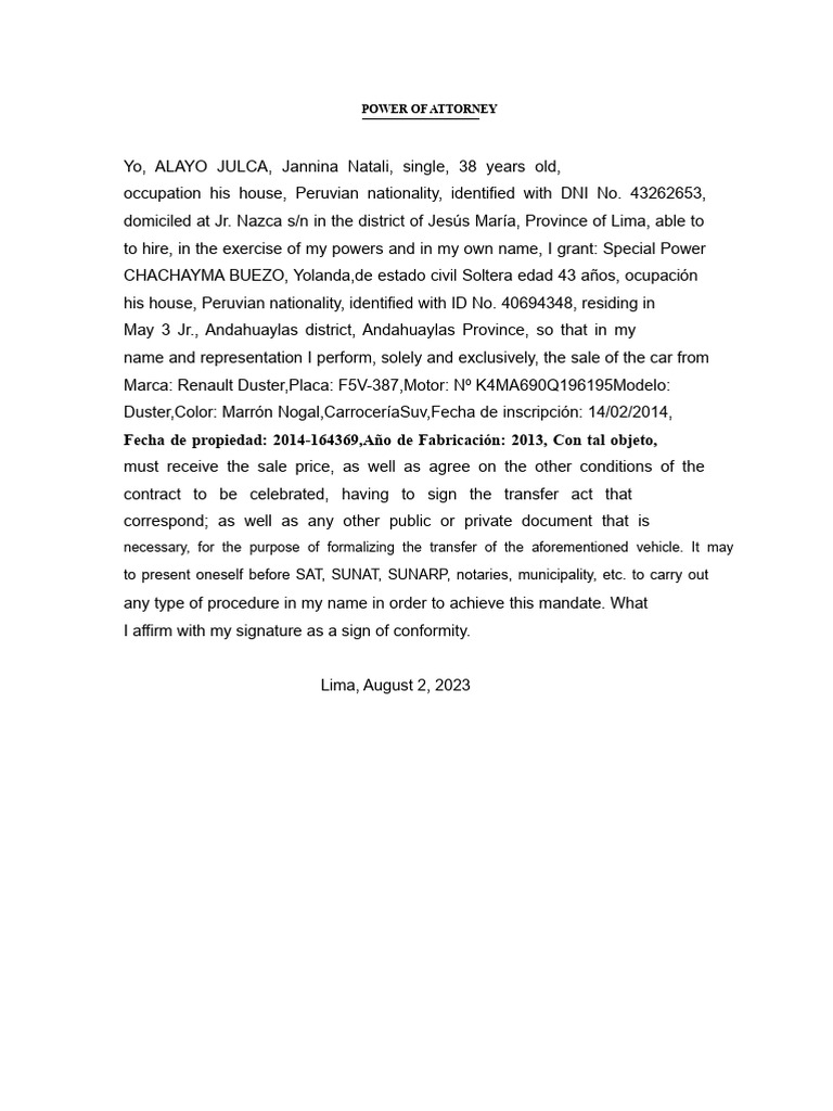 LETTER-POWER-VEHICLE-SALE | PDF
