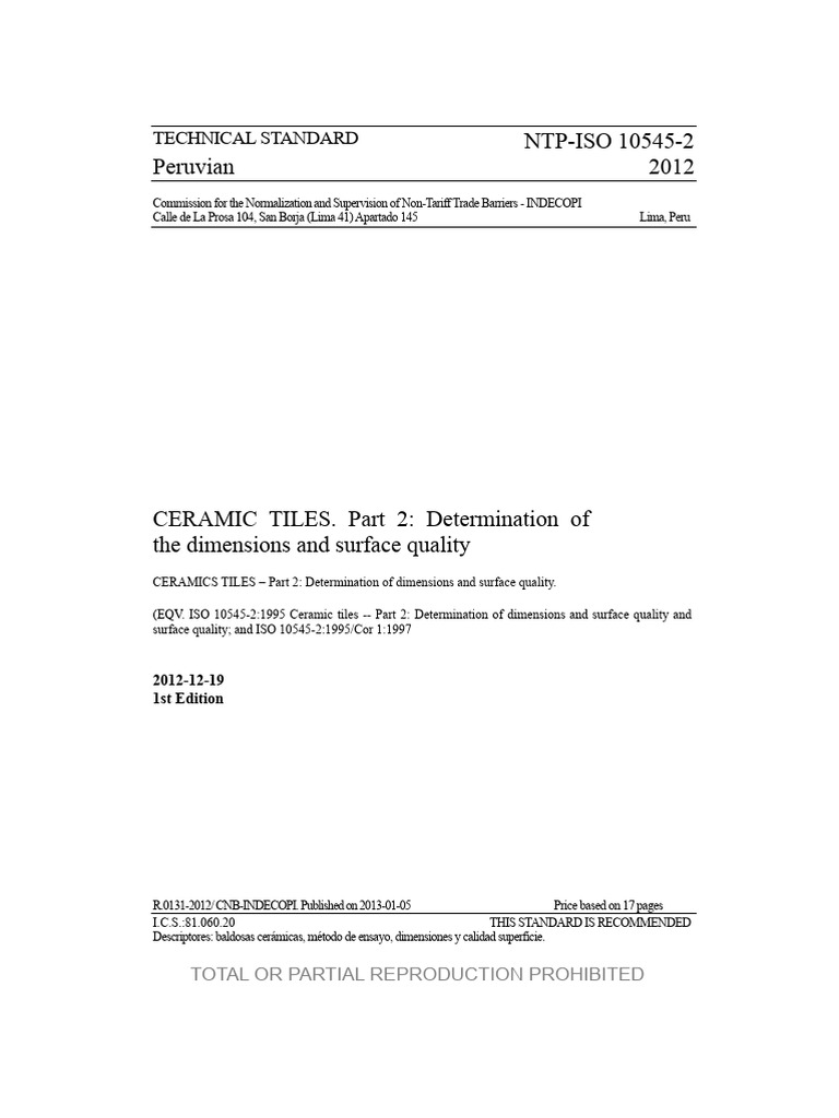 NTP ISO 10545-2 2012 CERAMIC TILES Dimensions and Surface Quality | PDF ...