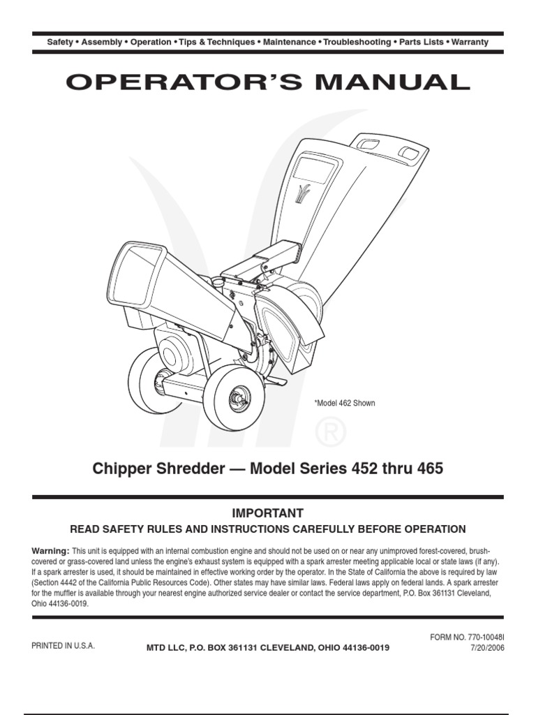 MTD 24A46E729 Chipper-Shredder Owner's Manual | Internal Combustion