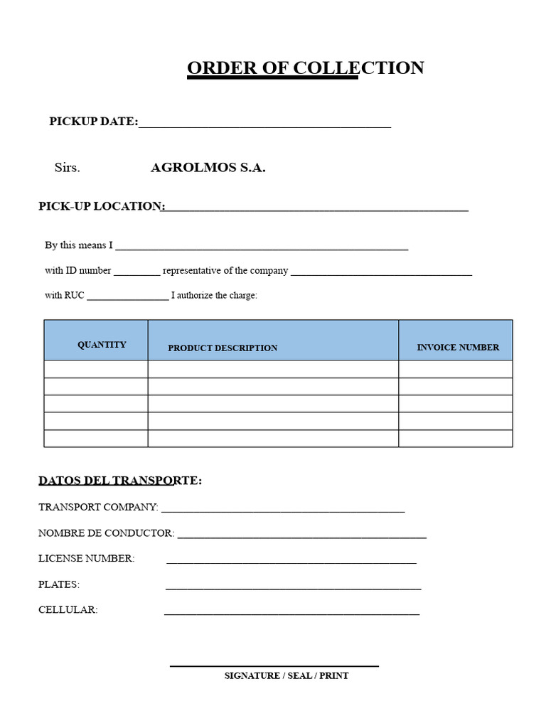 Pickup Order Format - Agrolmos 2 | PDF