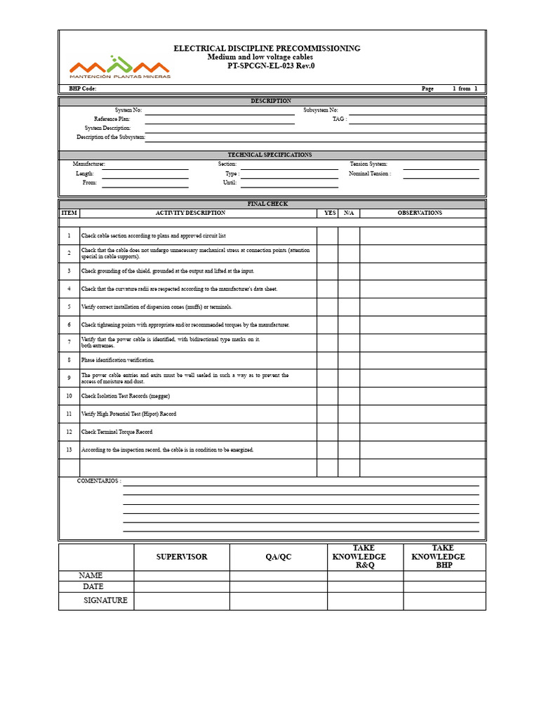 PT-SPCGN-EL-023 Cable Inspection Record Rev.0 | PDF | Electrical ...