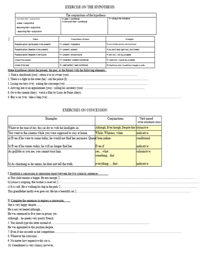 Exercise On Hypothesis and Concession | PDF | Linguistics | Grammar