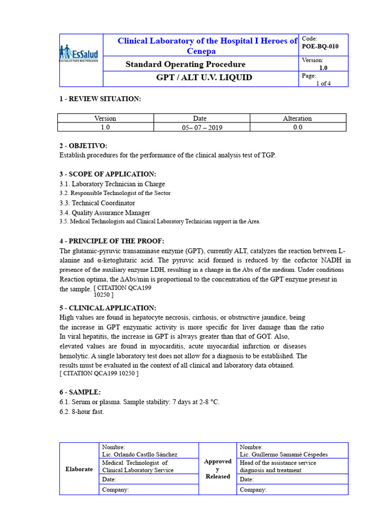 Standard Operating Procedure GPT / Alt U.V. Liquid: Clinical Laboratory ...