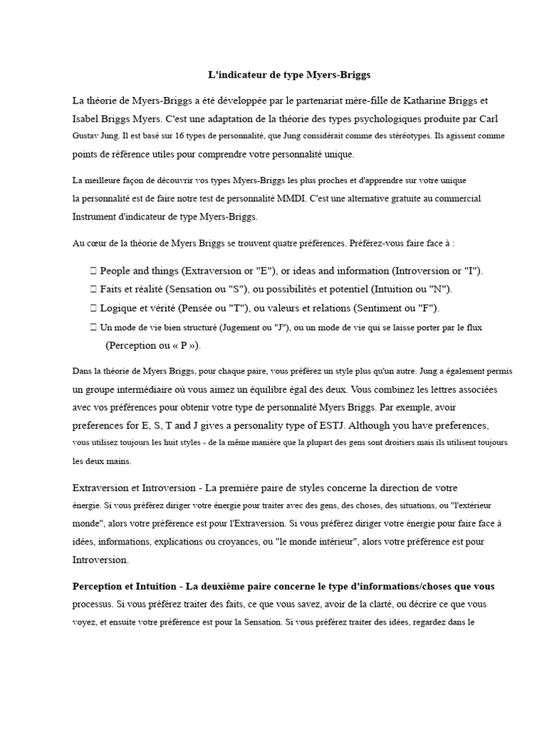 Comprendre l'indicateur Myers-Briggs | PDF | Introversion et ...