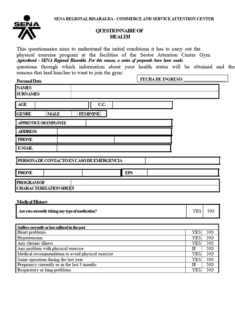 SENA Risaralda Health Questionnaire | PDF | Cardiovascular Diseases ...