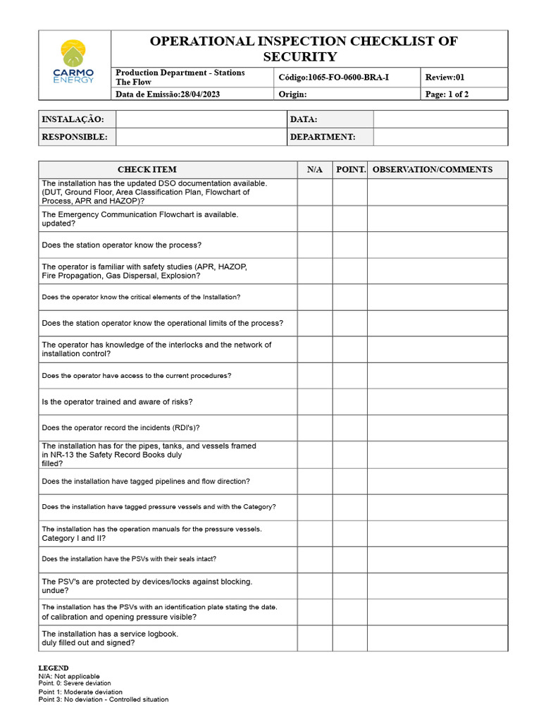 1065-FO-0600-BRA-I Operational Safety Inspection Checklist Rev.01 | PDF