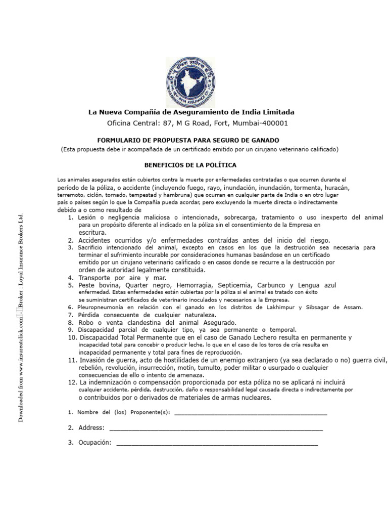 Nuevo Formulario de Propuesta de Seguro para Ganado de La India | PDF ...