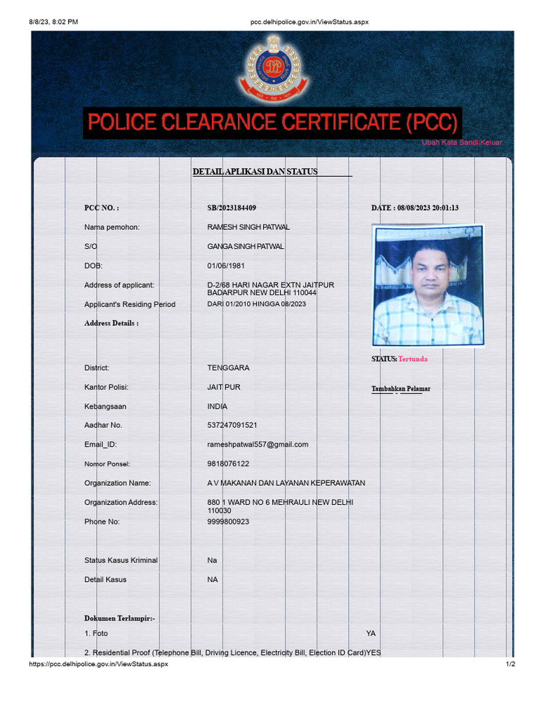 PCC - Delhipolice.gov - in LihatStatus - Aspx | PDF