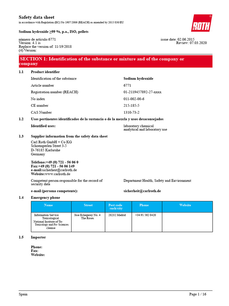 Safety Data Sheet: Sodium Hydroxide 99% | PDF | Dangerous Goods | Toxicity