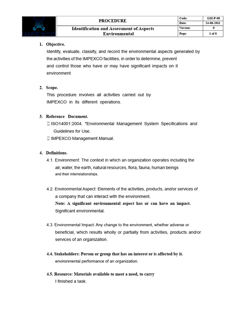Environmental Aspect Assessment Procedure | PDF | Risk | Waste