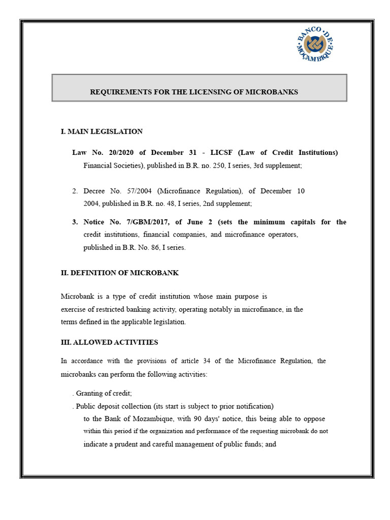 Microbank Licensing Requirements Guide | PDF | Banks | Microfinance