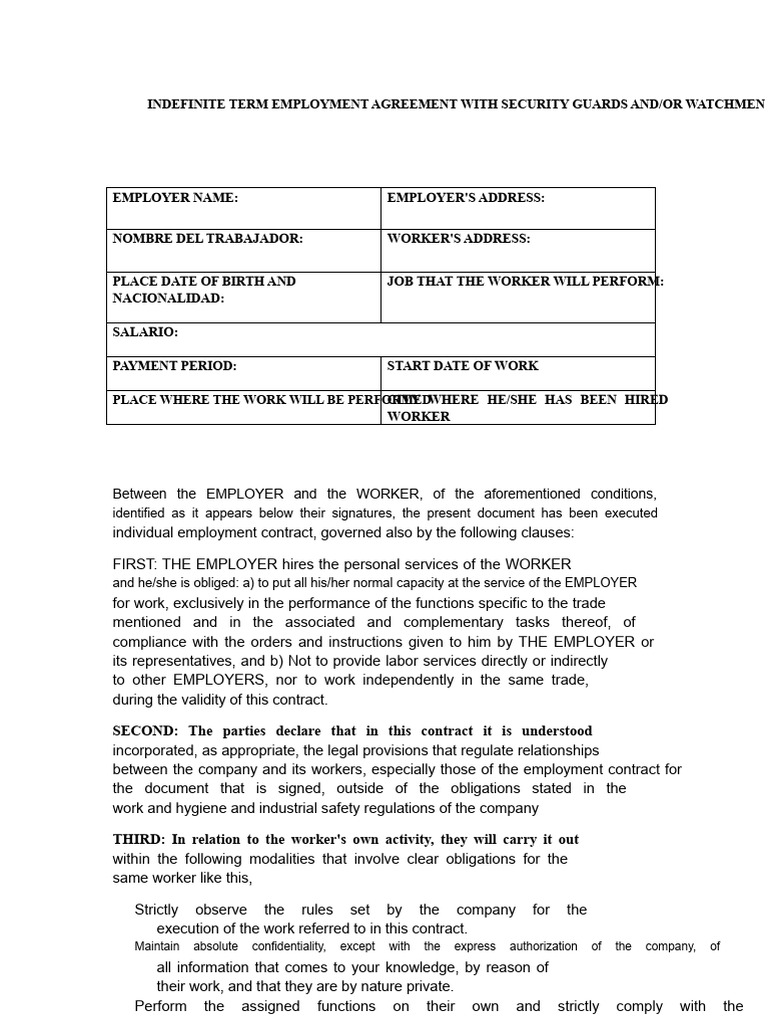 Employment Contract With Guards or Security Personnel For An Indefinite ...