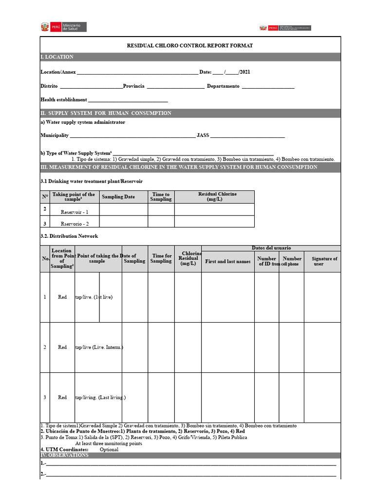 FORMAT No. 13 RESIDUAL CHLORINE CONTROL REPORT | PDF | Environmental ...