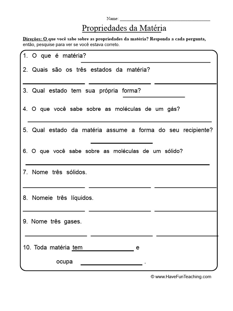 Folha de Exercícios Sobre Propriedades Da Matéria 1 | PDF