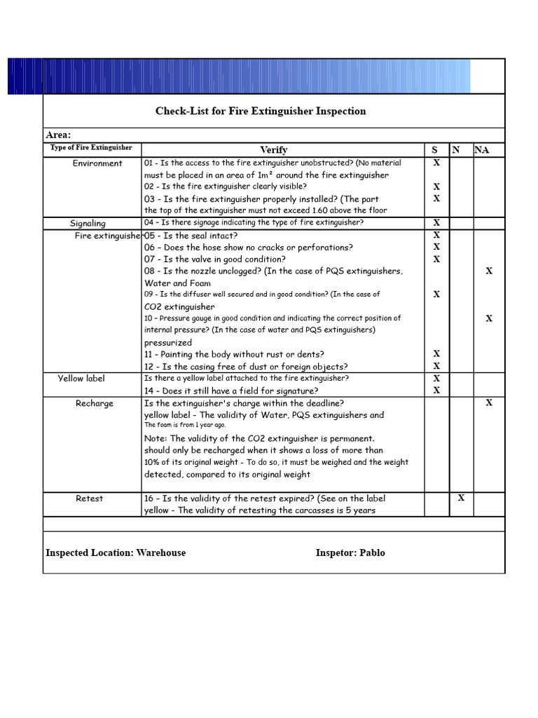 Fire Extinguisher Inspection Checklist | PDF | Equipment