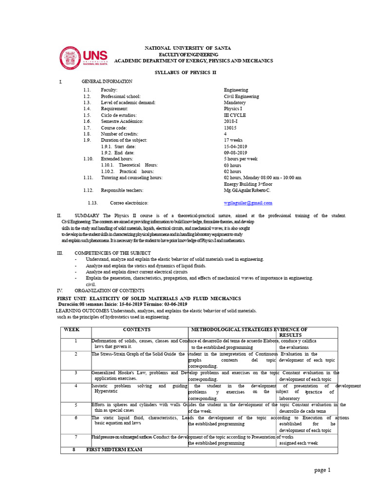 Physics II Syllabus for Civil Engineering | PDF | Waves | Engineering
