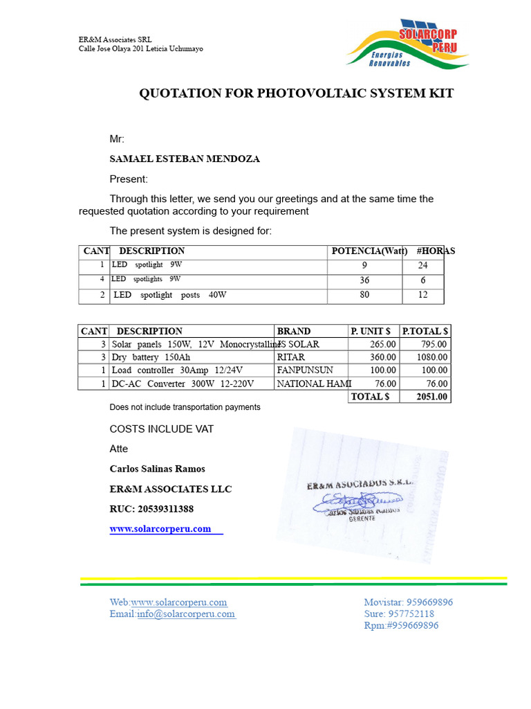 Photovoltaic System Kit Quotation | PDF
