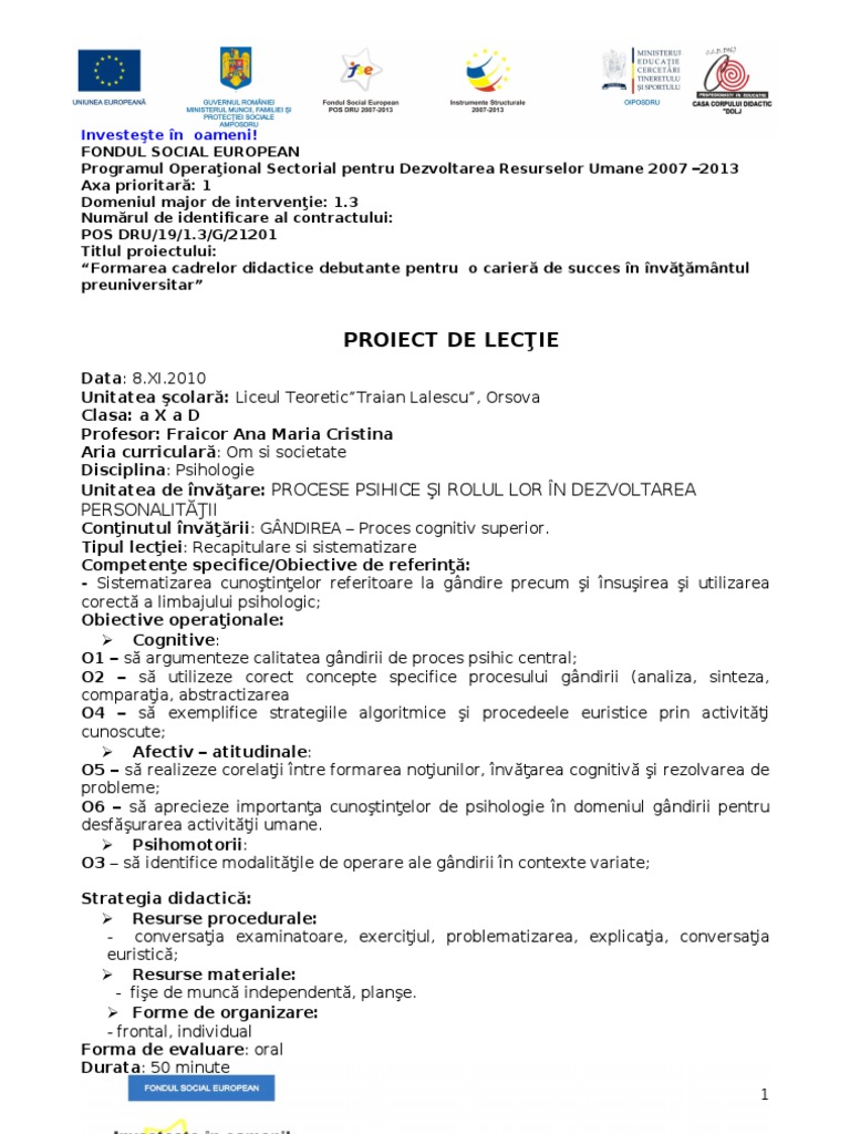 Fraicor Ana Maria Proiect Lectie Recapitulare Psihologie Cls X Doc