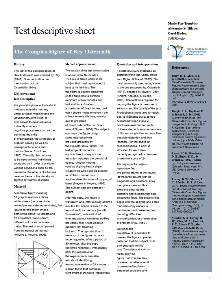 Rey-Osterrieth Complex Figure Test Overview | PDF | Psychology | Memory