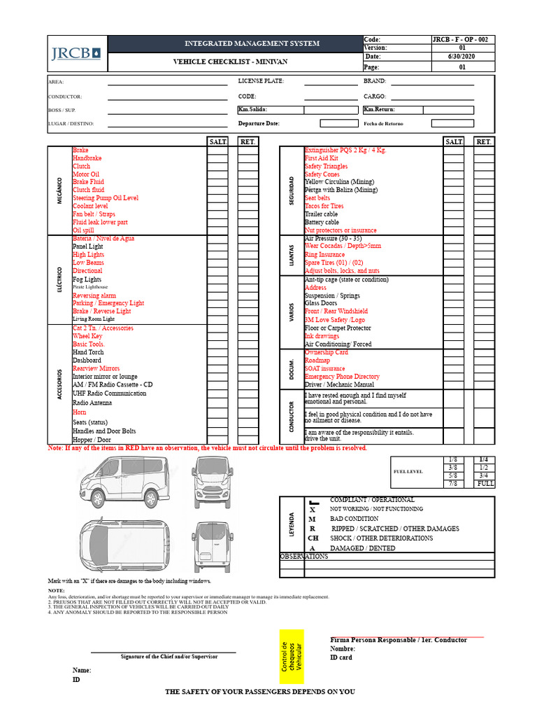 Minivan Vehicle Inspection Checklist | PDF | Vehicles | Motor Vehicle