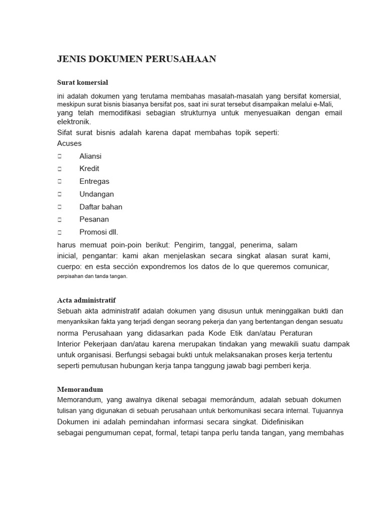 Jenis Dokumen Perusahaan dan Fungsinya | PDF