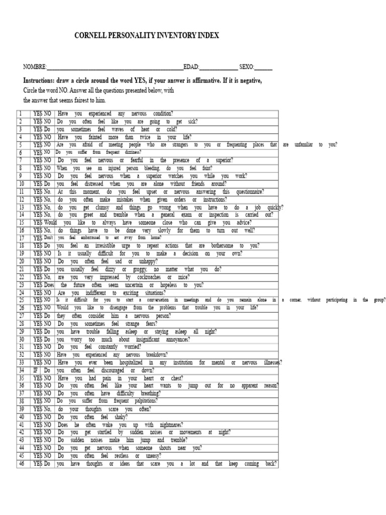 Cornell Personality Inventory Test | PDF | Anxiety | Anger