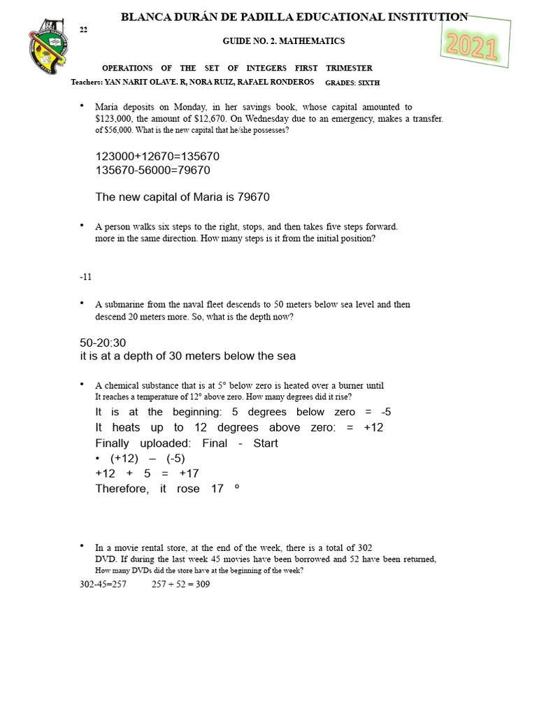 Sixth Grade Integer Operations Guide | PDF | Multiplication