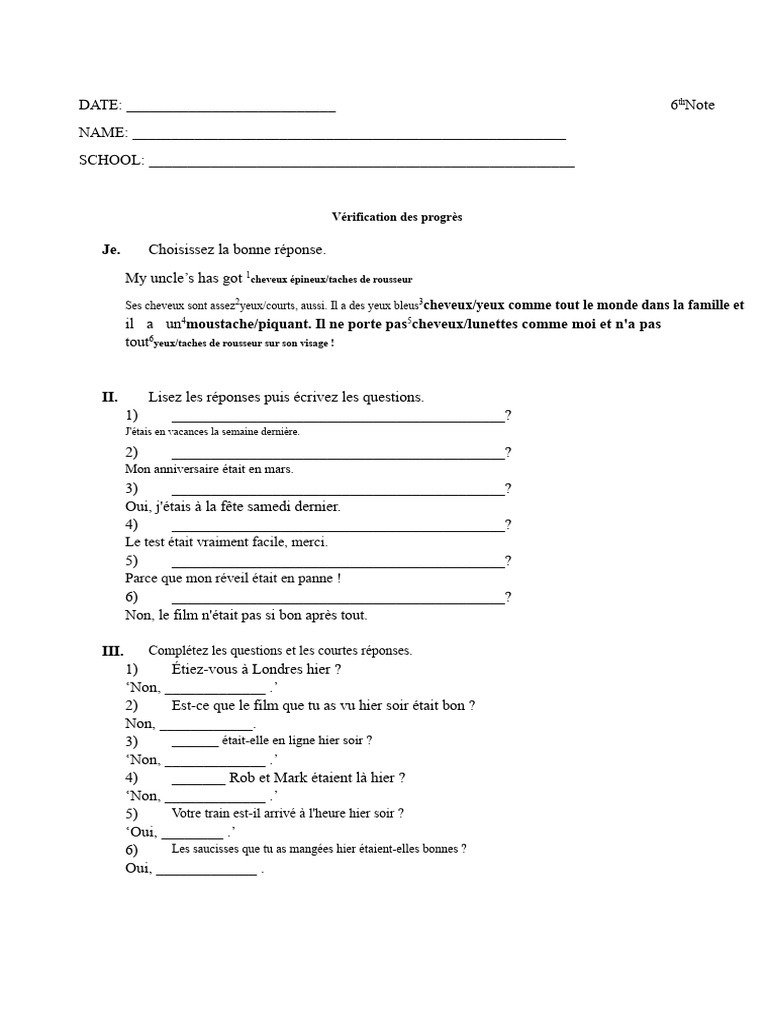 Vérification des progrès en français | PDF