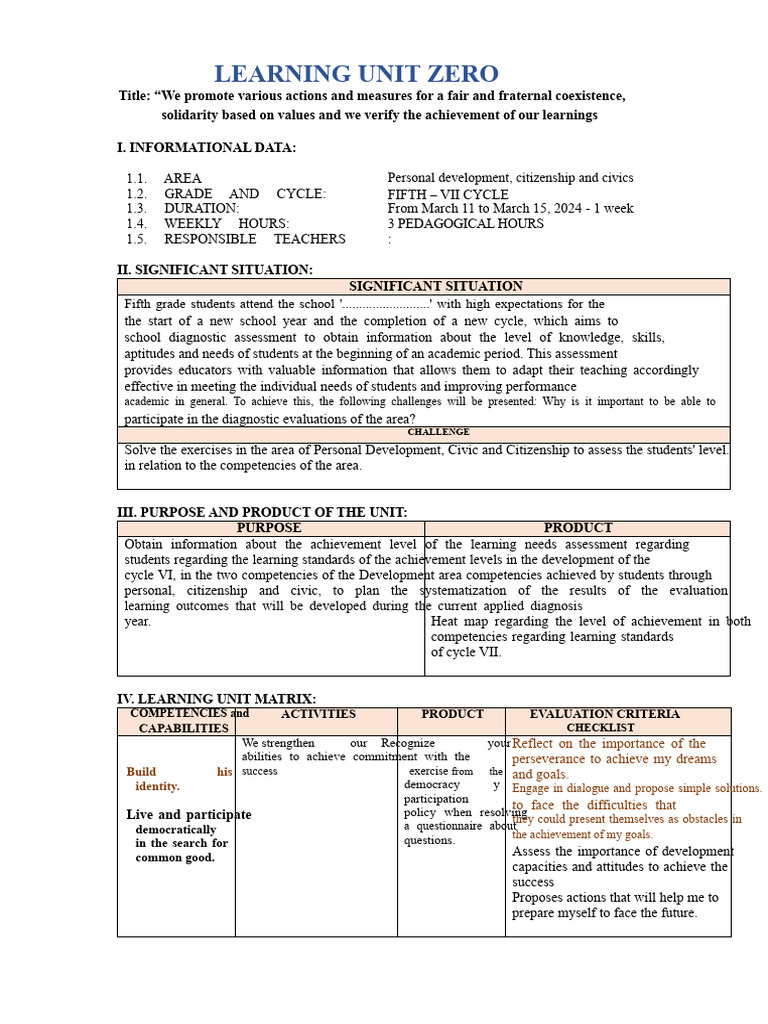 Learning Unit Zero - DPCC 5th Year | PDF | Educational Assessment ...