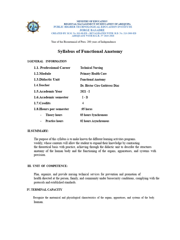 Syllabus Functional Anatomy | PDF | Anatomy | Human Body