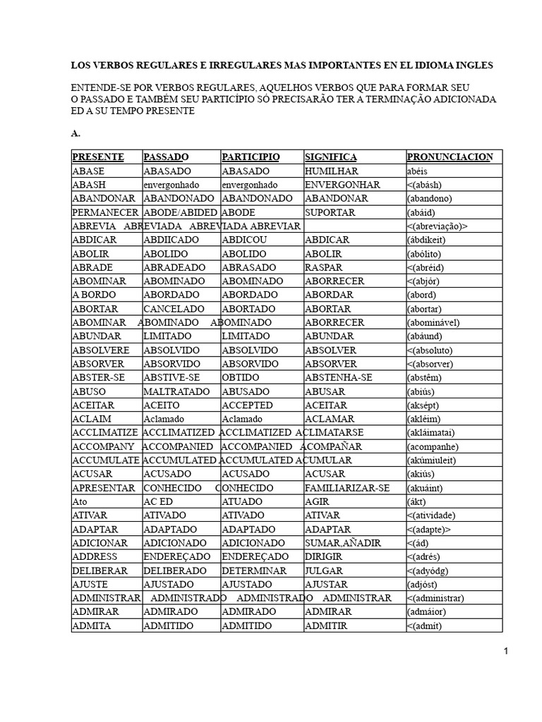 Verbos Regulares e Irregulares em Inglês | PDF | Linguística | Famílias ...